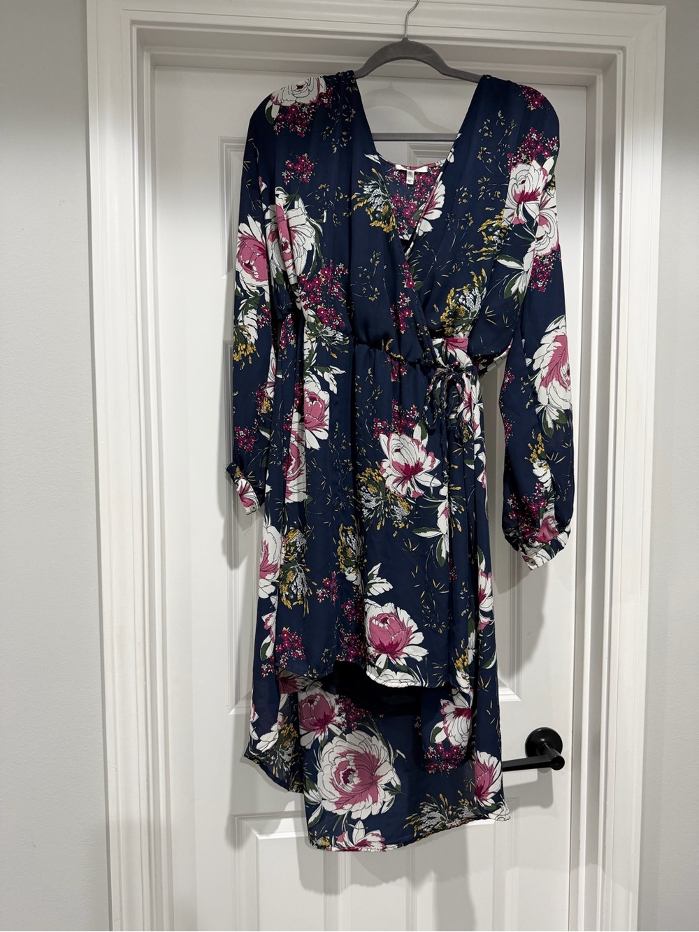 Maurices Navy Floral High-Low Wrap Dress with Pink Blooms